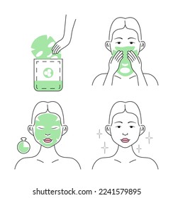 Facial mask sheet applying icon vector. Steps to apply sheet face mask. Girl shows how to cleaning, whiting face and use cosmetic mask. Info-graphic in outline style.