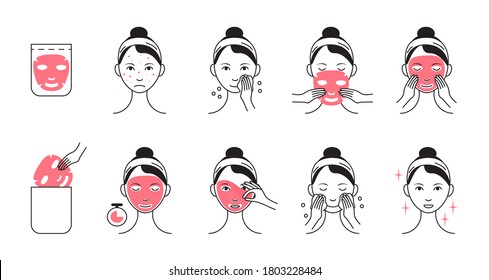 Facial mask sheet applying vector. Girl shows steps how to cleaning, whiting face and use cosmetic mask. Info-graphic in outline style illustration isolated on white background.