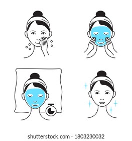 Hoja de máscara facial que aplica el vector. Girl muestra los pasos para limpiar, blanquear la cara y usar máscara cosmética. Info-gráfico en la ilustración de estilo de contorno aislado en fondo blanco.