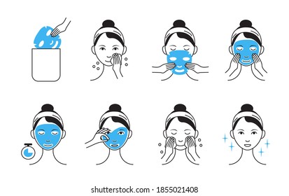 Facial mask sheet applying vector. Girl shows steps how to cleaning, whiting face and use cosmetic mask. Info-graphic in outline style illustration isolated on white background.