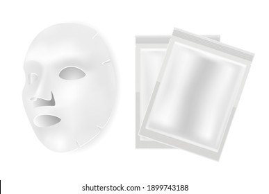 Facial mask sheet, vector beauty package mockup design. Face cosmetic collagen product isolated on white background. Clear foil pouch silver blank for cotton mask. Treatment sample wrapper