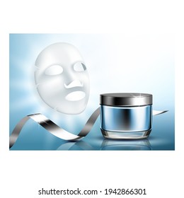 Facial Mask Spa Cosmetic Promotional Poster Vector. Blue Clay Mask Paper Sheet, Skincare Cream Blank Container And Ribbon Advertising Marketing Banner. Style Color Concept Template Illustration