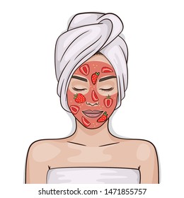 facial mask of strawberry homemade or in beauty salon. Young woman put on beauty spa treatment face mask. Natural organic skin care cosmetic procedure. red berries. Isolated Vector illustration