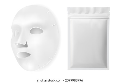 Máscara facial, paquete de belleza vectorial. Hoja de máscara facial, diseño en blanco del paquete cosmético. Plantilla de máscara de algodón de colágeno con envase de muestra, tratamiento de desintoxicación de mujeres, ilustración aislada