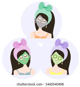 facial mask vector green tea cucumber charcoal woman cute pastel illsutration  