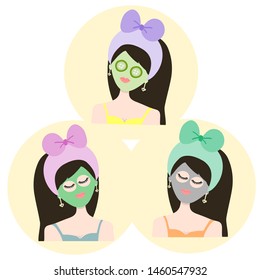 facial mask vector green tea cucumber charcoal clay mask woman cute pastel illustration  