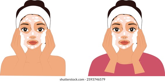 Facial Mask Woman Vector. Girl applying facial mask. Skincare routine, beauty, face care