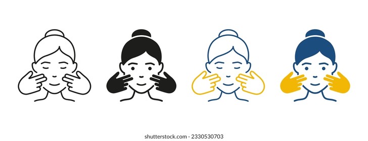 Facial Massage Beauty Treatment Pictogram. Massage for Woman Face Line and Silhouette Icon Set. Female Manual Anti Aging Skin Care Procedure Symbol Collection. Isolated Vector Illustration.
