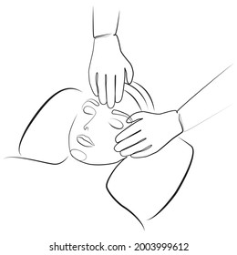 Facial massage, cosmetic procedure line drawing on white isolated background