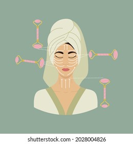 Facial Massage Direction Infographic. Portrait Of Young Asian Woman With Closed Eyes In Towel On Head With Rose Quartz Face Roller. How To Do Gua Sha Massage. Hand Drawn Vector Illustration. 