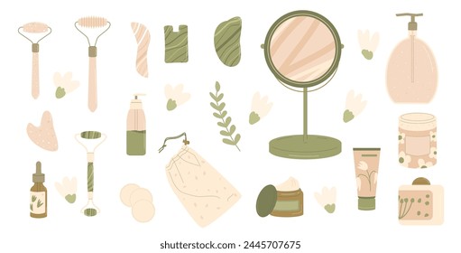 Facial massage elements. Gua sha beauty procedure with jade stone set. Anti-aging beauty skincare tool. Vector flat illustration isolated on white background