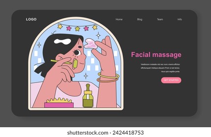 Facial massage essentials illustration. A detailed visual guide to facial self-care with beauty tools and oils, encapsulating a spa-like experience at home. Flat vector illustration