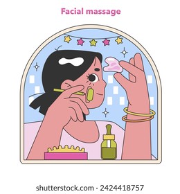 Facial massage essentials illustration. A detailed visual guide to facial self-care with beauty tools and oils, encapsulating a spa-like experience at home. Flat vector illustration