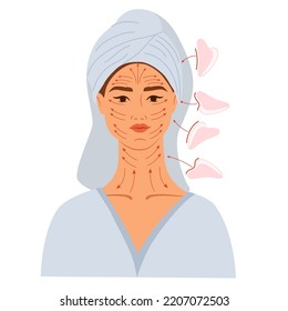 Facial massage. Female face with lines for massage with gua sha scraper. Massage guasha, cream and vacuum cans. Facial skin and youth care. Hand drawn vector illustration