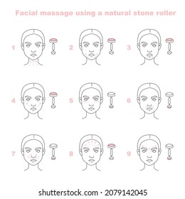 Facial Massage Guide With Quartz Or Jade Roller. Skin Care Home Procedure. Use For Package For Beauty Tool. Vector Stock Illustration Icon Set.