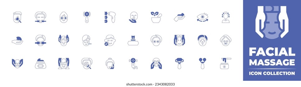 Facial massage icon collection. Duotone style line stroke and bold. Vector illustration. Containing brush, facial massage, facial mask, massager, facial cleansing massager, massage, mortar, and more.