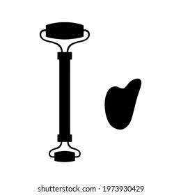 Facial Massage. Jade Facial Roller. Gua Sha stone spa accessories tools. Vector Icon illustration. Skin care dermatological anti age lifting procedure. Beauty industry. Black isolated in white.