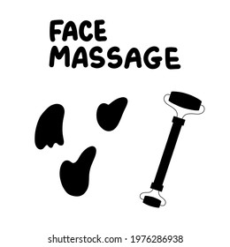 Facial Massage. Jade Facial Roller. Gua Sha stone spa accessories tool. Vector Icon illustration. Skin care dermatological anti age lifting procedure. Beauty industry. Black icon set isolated on white