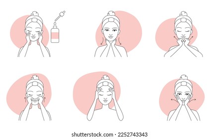 Iconos de línea de masaje facial configuran ilustración vectorial. Instrucciones y guía del cuidado de la piel y la rutina de tratamiento de belleza del carácter femenino, bocetos abstractos de masaje de elevación de desintoxicación para la cara de las niñas