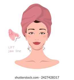 Facial massage lines direction scheme. How to do gua sha massage infographic. Portrait of young woman in towel on head with gua sha scraper for presentation, make-up, beauty, web, blog, social media.