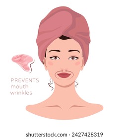 Facial massage lines direction scheme. How to do gua sha massage infographic. Portrait of young woman in towel on head with gua sha scraper for presentation, make-up, beauty, web, blog, social media.