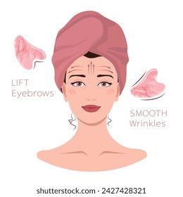 Facial massage lines direction scheme. How to do gua sha massage infographic. Portrait of young woman in towel on head with gua sha scraper for presentation, make-up, beauty, web, blog, social media.