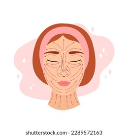 Facial massage lines. Vector illustration. Rules of anti-ageing face massage infographic. Head of young woman and dotted arrows. Lifting sculpt techniques.