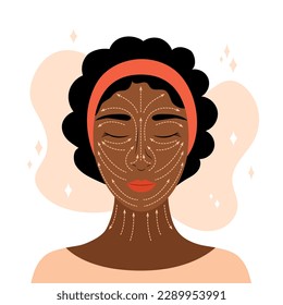 Facial massage lines. Vector illustration. Rules of anti-ageing face massage infographic. Head of beautiful african american woman and dotted arrows. Lifting sculpt techniques.