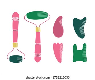 Facial massage roller and different Gua Sha ink style vector illustration. Stone self massage tools. Home beauty routine.