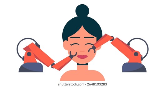 Facial massage, self-care with ai robot arms. Skin care. Spa procedures. Flat vector illustration.