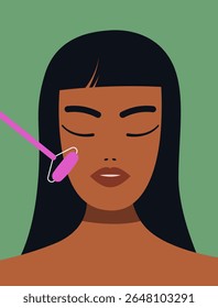 Facial massage, self-care for black Asian woman. Skin care. Spa procedures. Flat vector illustration.