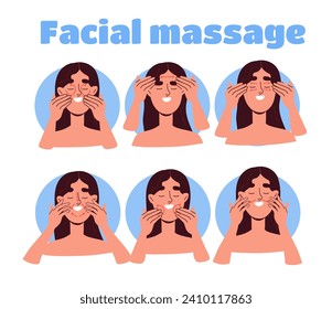 Gesichtsmassage-Set. Hautpflege. Schönheitsbehandlungen und Kurbehandlungen. Ästhetik und Eleganz. Nase, Wangen, Augen und Mund. Cartoon-FlachVektorgrafik, einzeln auf weißem Hintergrund