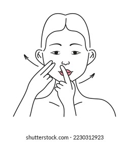 Facial massage. Facial skin care at home, infographic vector set. Beautiful girl applies cream, tonic, gel on the skin. Woman doing face massage, shows hand movement concept in line style.