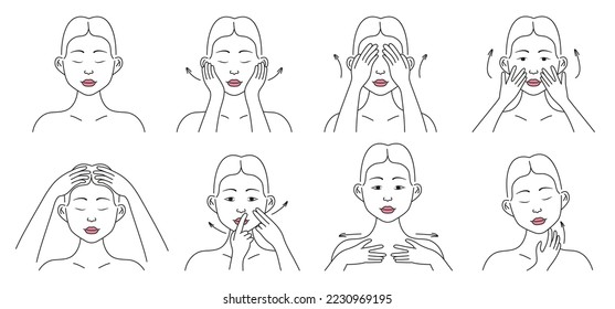 Facial massage. Facial skin care at home, infographic vector set. Beautiful girl applies cream, tonic, gel on the skin. Woman doing face massage, shows hand movement concept in line style.