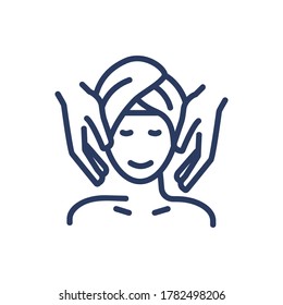 Facial massage thin line icon. Woman, face, therapist hands isolated outline sign. Spa salon, body care, cosmetology concept. Vector illustration symbol element for web design and apps