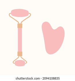 Facial massage tools, skin care routine. Quartz and jade face roller and gua sha scraper. Beauty ritual concept. Vector Isolated illustration, icons set