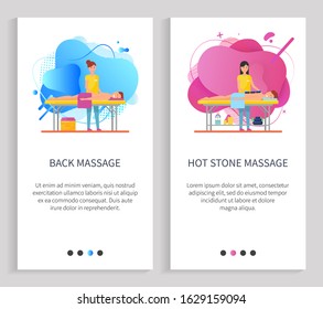 Facial massage vector, hot stone technique using natural components and lotions, creams and oils, body treatment, specialist masseuse clients. Website or slider app, landing page flat style