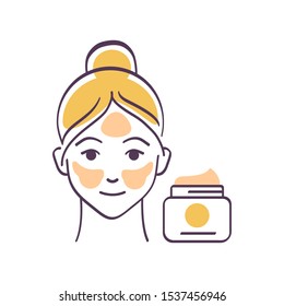 Facial moisturizing color line icon. Young female and jar cream. Skin care. Cosmetic procedure. Pictogram for web page, mobile app, promo. UI/UX/GUI design element. Editable stroke.