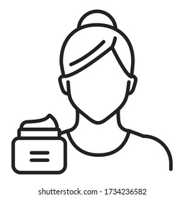 Facial moisturizing line black icon. Faceless girl and jar cream. Isolated vector element. Outline pictogram for web page, mobile app, promo.