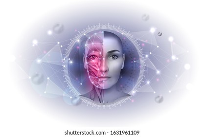 Facial muscles abstract scientific design, woman face muscles anatomy, abstract mesh triangles around the half of the face as a health care and treatment concept.