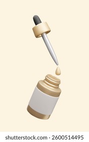 Facial oil serum pipette bottle 3D vector illustration. Golden skincare cosmetic bottle, anti aging recovery treatment, hydrating collagen essence dropper. Beauty Korean skincare makeup product 3D.