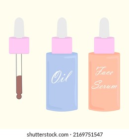 Facial oil and serum, skin moisturizing kit, massage products. Vector illustration with bottles of facial products