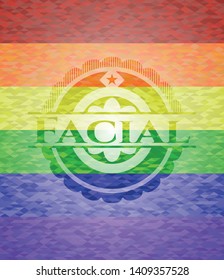 Facial on mosaic background with the colors of the LGBT flag