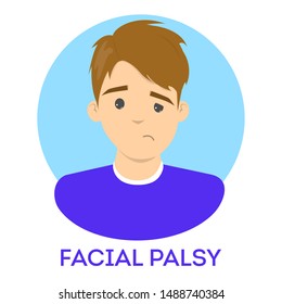 Facial palsy. Male character with asymmetrical face, nerve damage. Drooping smile. Isolated vector illustration in cartoon style