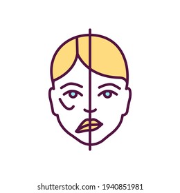 Facial paralysis RGB color icon. Moving face muscles inability. Nerve damage. Trauma, heart stroke, brain tumor. Asymmetric face. Facial drooping, weakening. Bell palsy. Isolated vector illustration