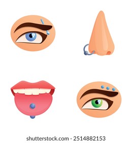 Facial piercing icons set cartoon vector. Piercing of various face part. Mechanical modification human body