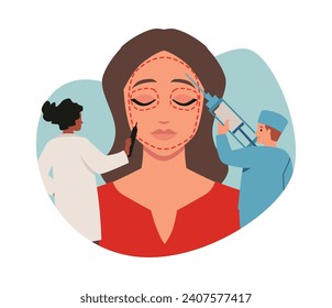 Facial plastic surgery concept. Doctor and assistant make injections to woman face. Flat vector illustration on abstract background.