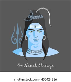 Facial portrait of Indian God Shiva with blue skin, third eye, earrings, rudraksha, trissue, and moon and Ganga in his hair on gray background