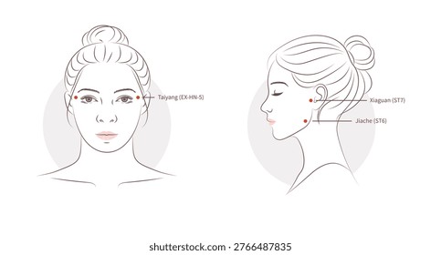 Facial pressure points for jaw tension relief at temples, jaw muscle and jaw joint