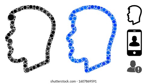 Facial profile composition of round dots in different sizes and color tints, based on facial profile icon. Vector round dots are composed into blue composition.